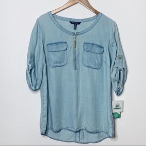 NWT ELLEN TRACY | Light Denim Blue Chambray Top